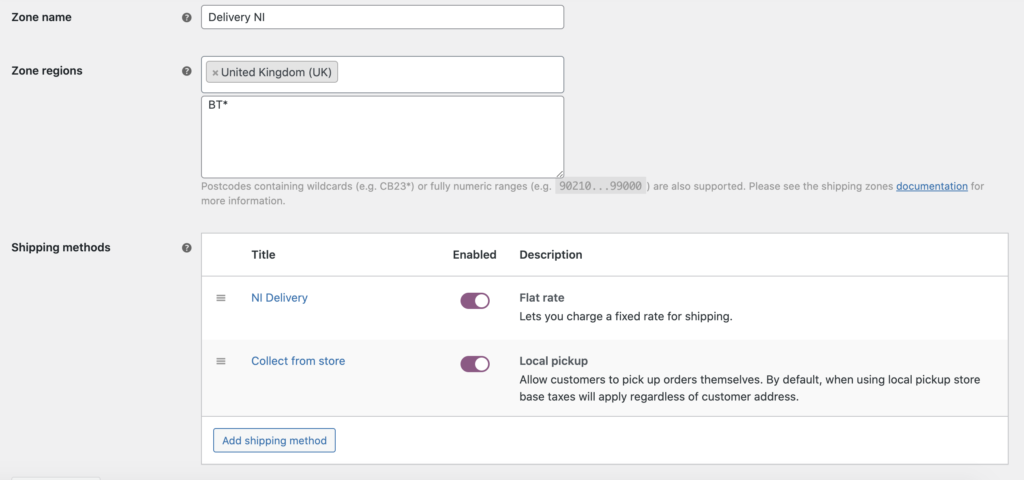 Example of shipping zone set-up in WooCommerce Shipping for WordPress