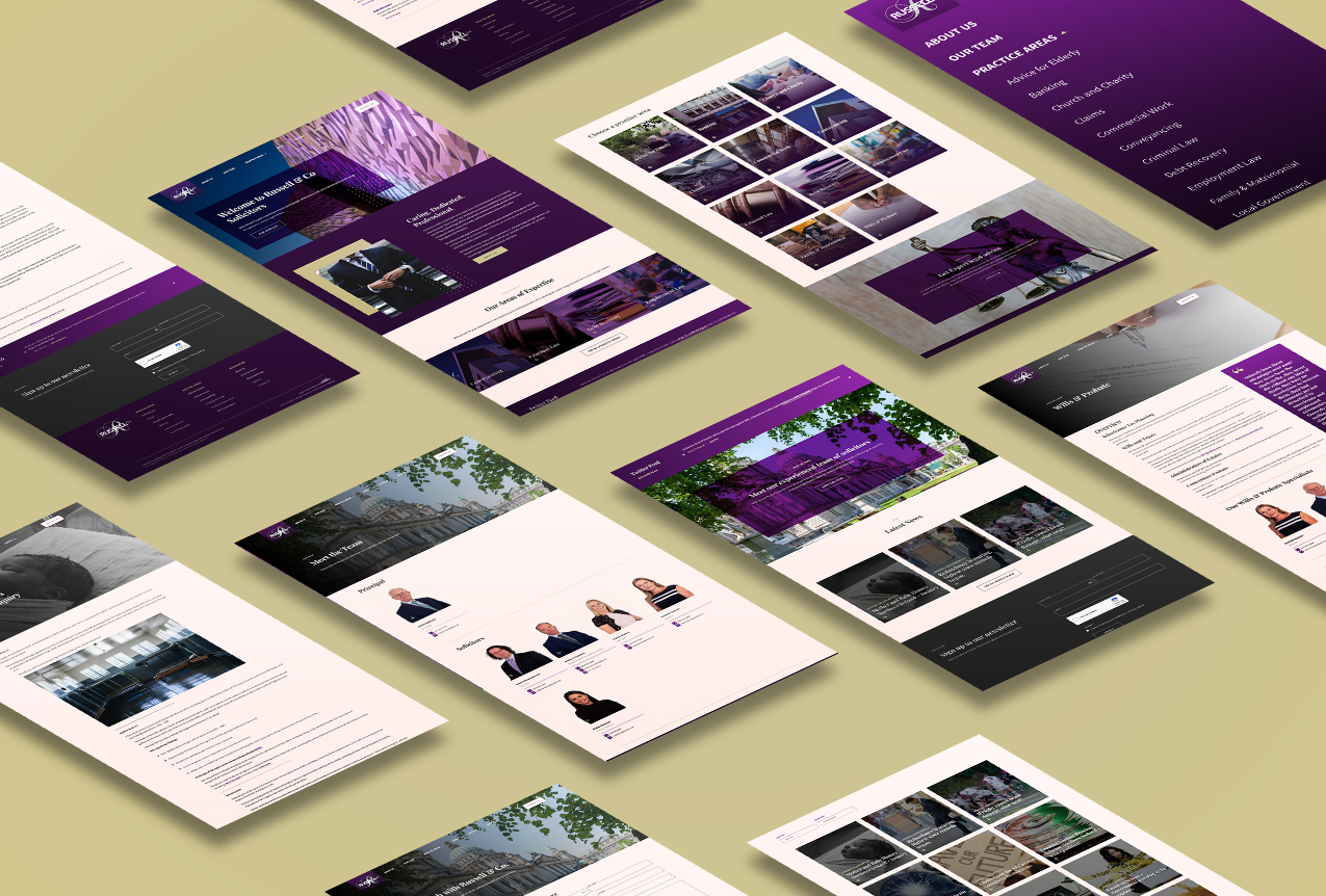 screenshots of the russellandco.uk website on an isometric plane