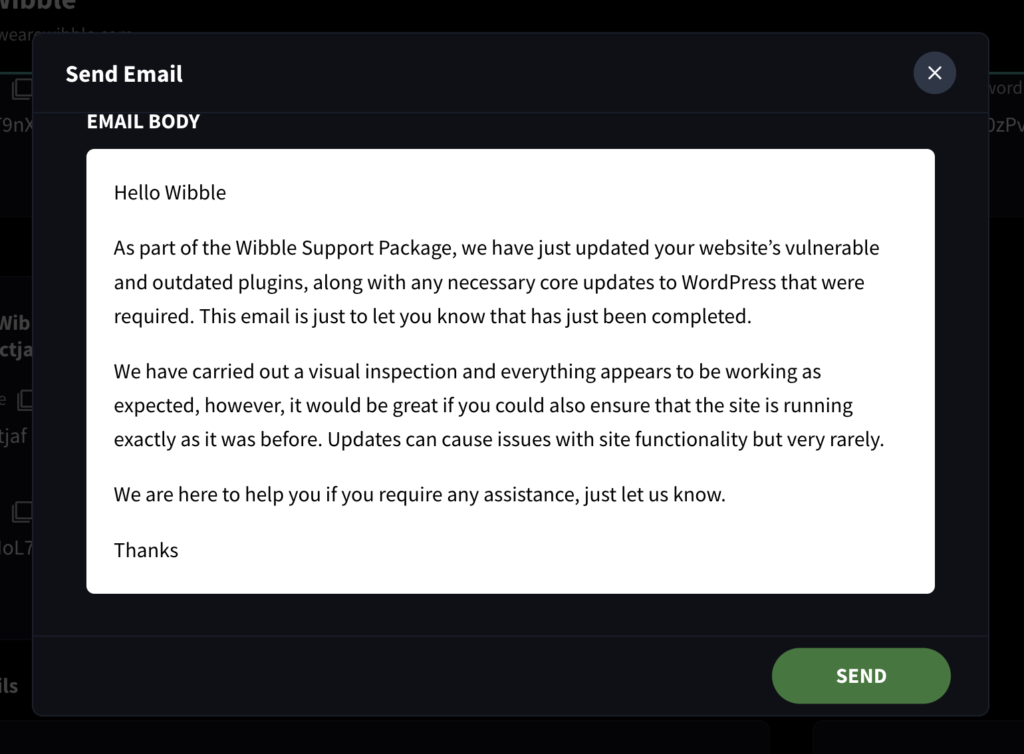 Wibble Support Package / response emailing / Eve / Support