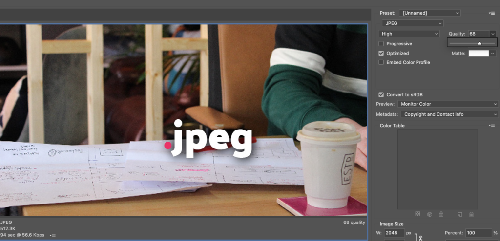 Image form photoshop showing the options for lossy jpegs images