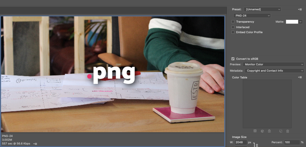 Screenshot of Photoshop changing the quality of a Lossless PNG image for export
