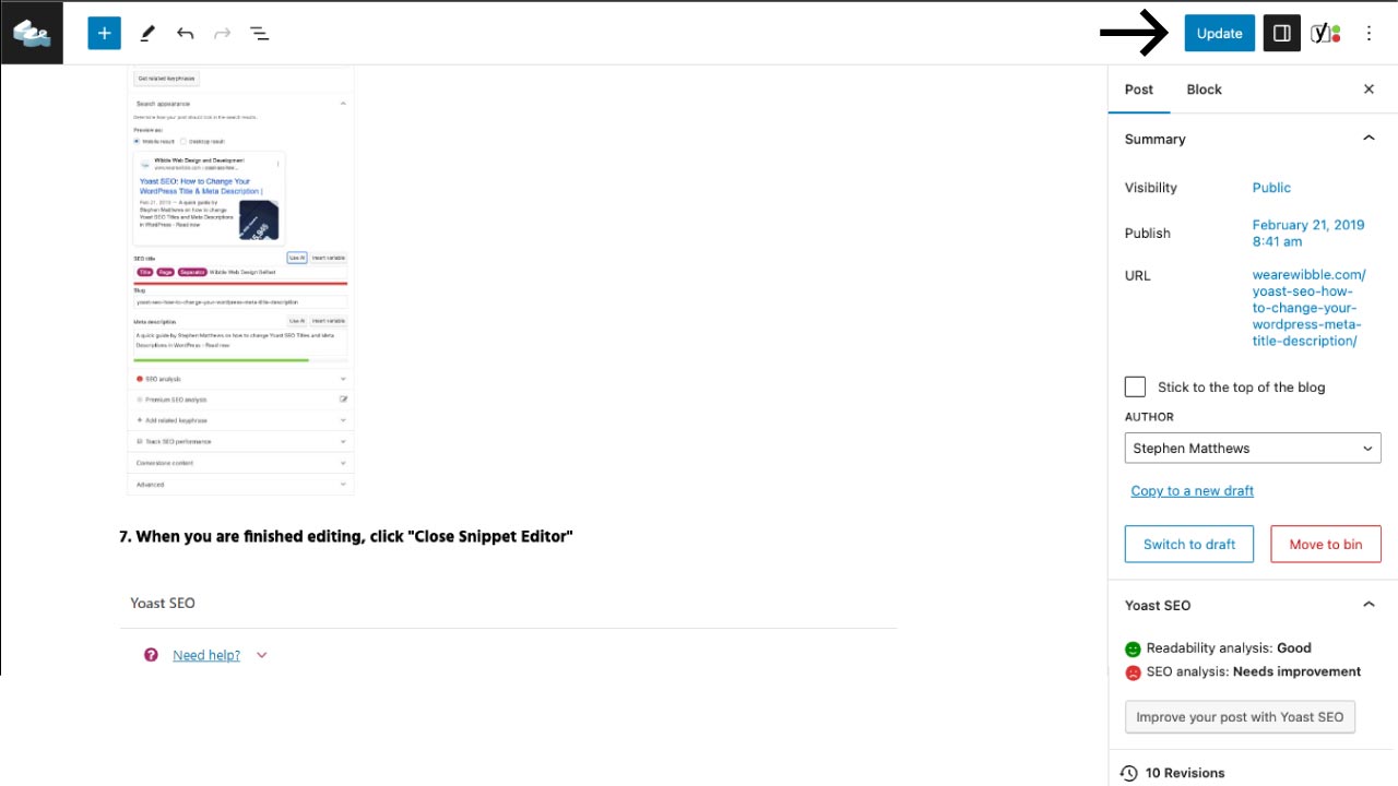 Arrow showing where to click to update the post