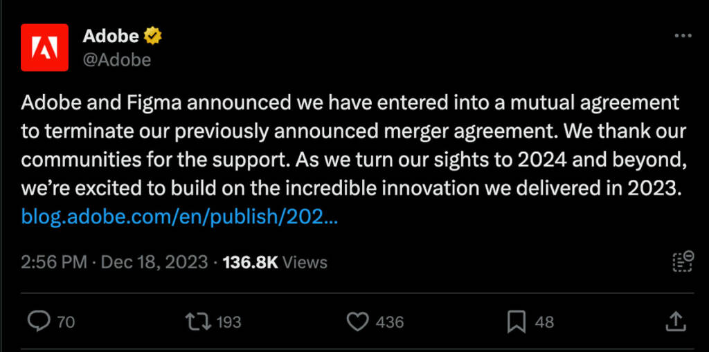 Tweet, announcing the end of the merger from Adobe's official account