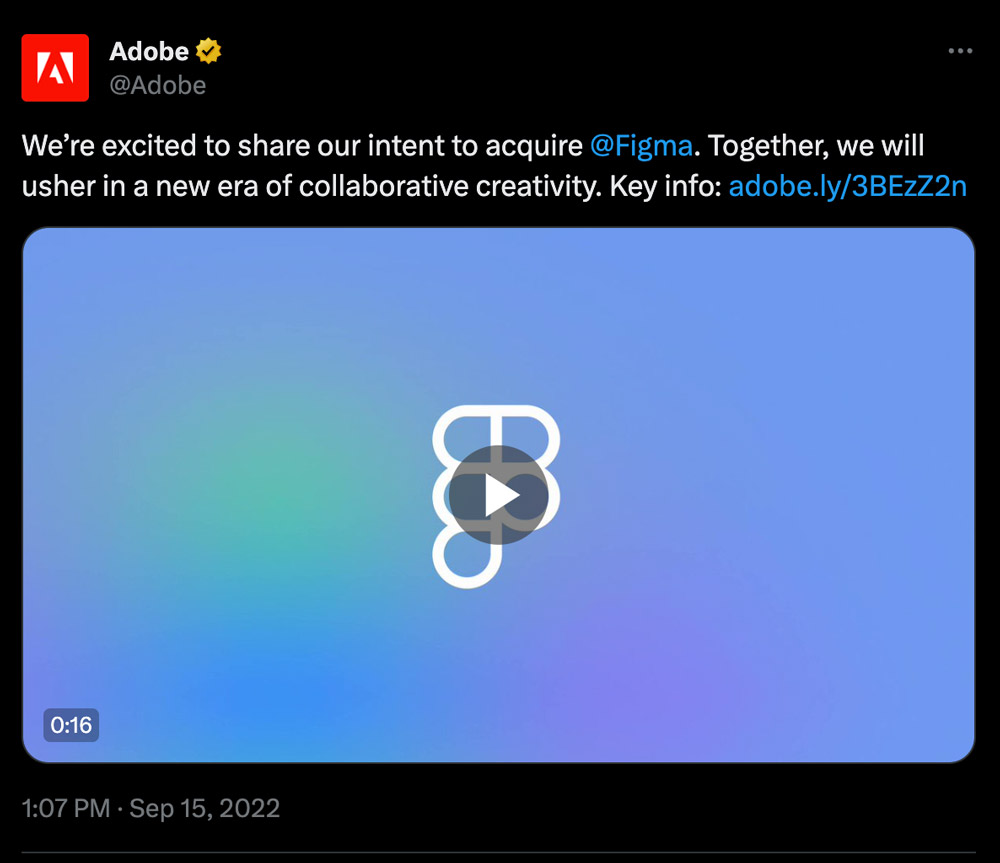 Screenshot of tweet adobe put out after announcing merger with figma in 2022 - Wibble Web Design