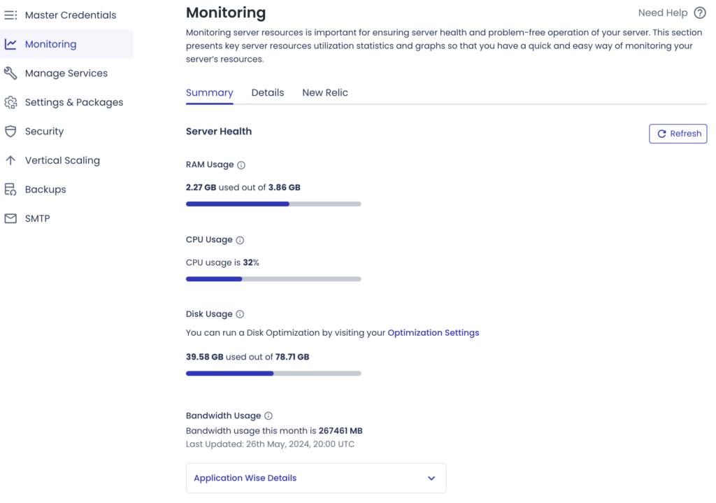 Cloudways Server Monitoring UI for RAM, CPU and Disk usage