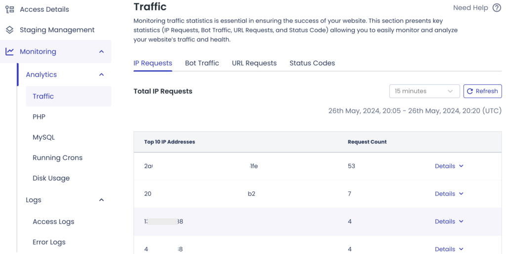 Application Monitoring UI to check for DDoS attacks - including ip requests, bot traffic, URL requests and status codes
