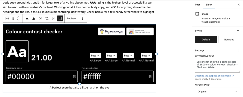 Screenshot of WordPress editor with user adding alternative text in the side bar explaining the image. Inception or what?
