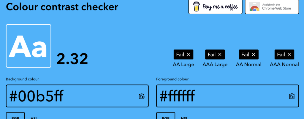 Screenshot of colour contrast checker showing a fail on both AA and AAA with a score of 2.32 - Very light blue on white.
