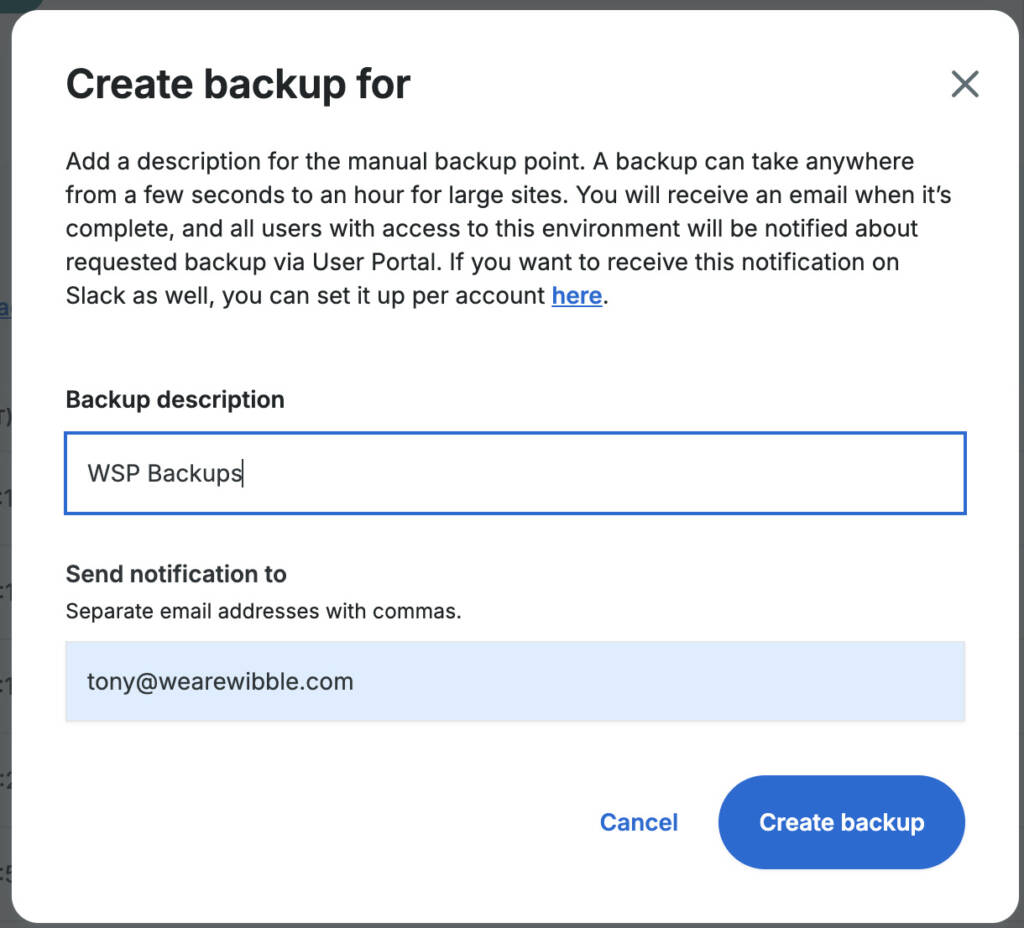 Wibble Support Package pre-update backup confirmation.